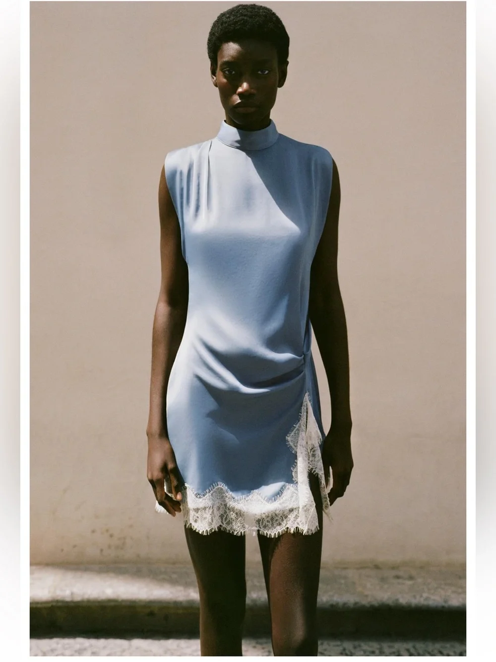 Zara Sleeveless Light Blue Lace-Trim Mini Dress